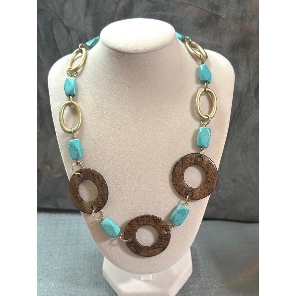 Bohemian Faux Turquoise and Wood Ring Statement Necklace Gold Tone Chunky Link